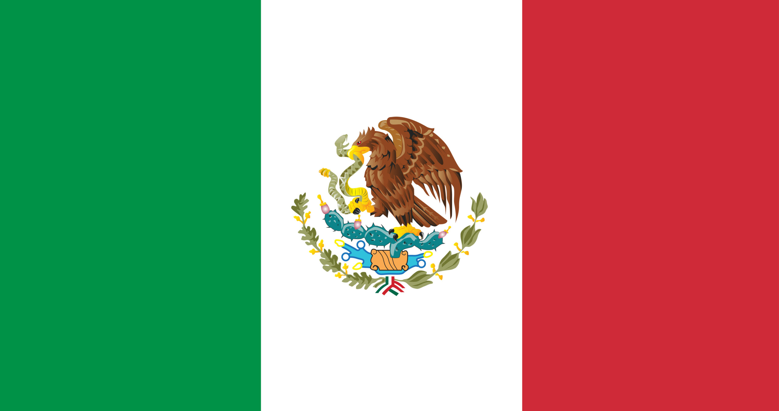 Mexikanische Flagge Flagge von Mexico mit senkrechten Streifen in grün, weiß und rot. Das Wappentier ist auf dem weißen Streifen mittig.